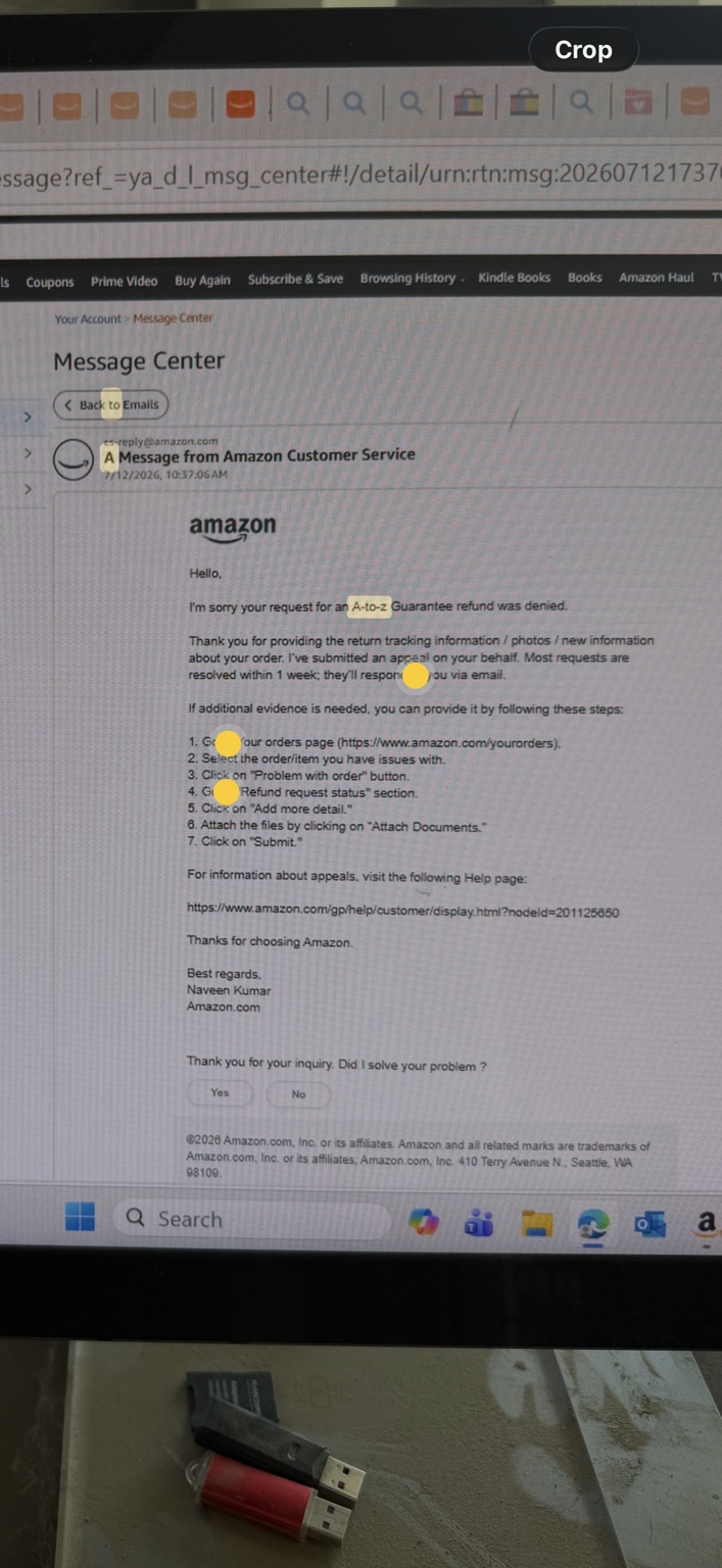 Amazon customer-service message dated July 12 confirming the A-to-Z refund request was denied and an appeal was submitted.
