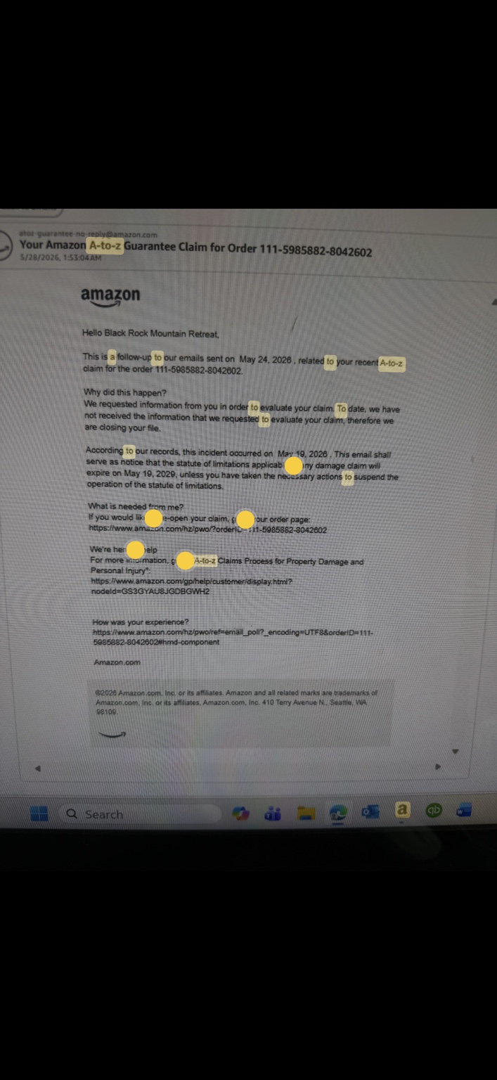Amazon A-to-Z message dated May 28 stating that requested information had not been received and the file was being closed.