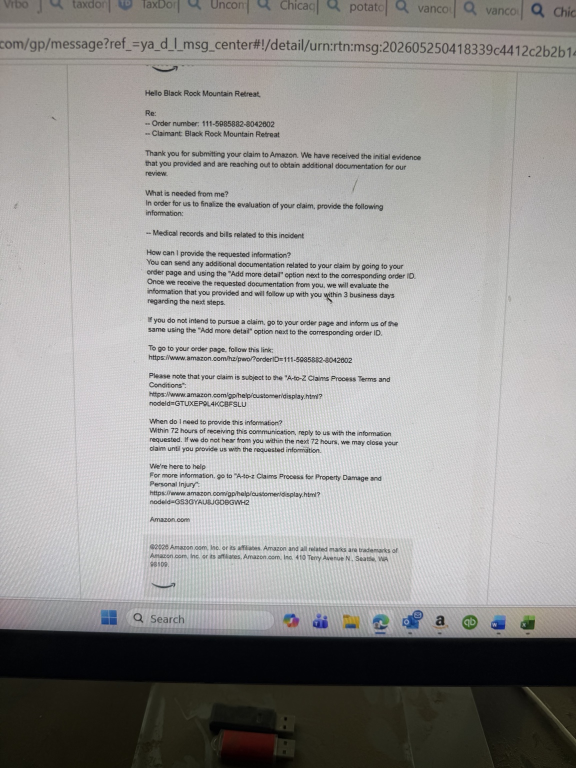 Amazon A-to-Z message dated May 24 requesting medical records and bills within 72 hours.