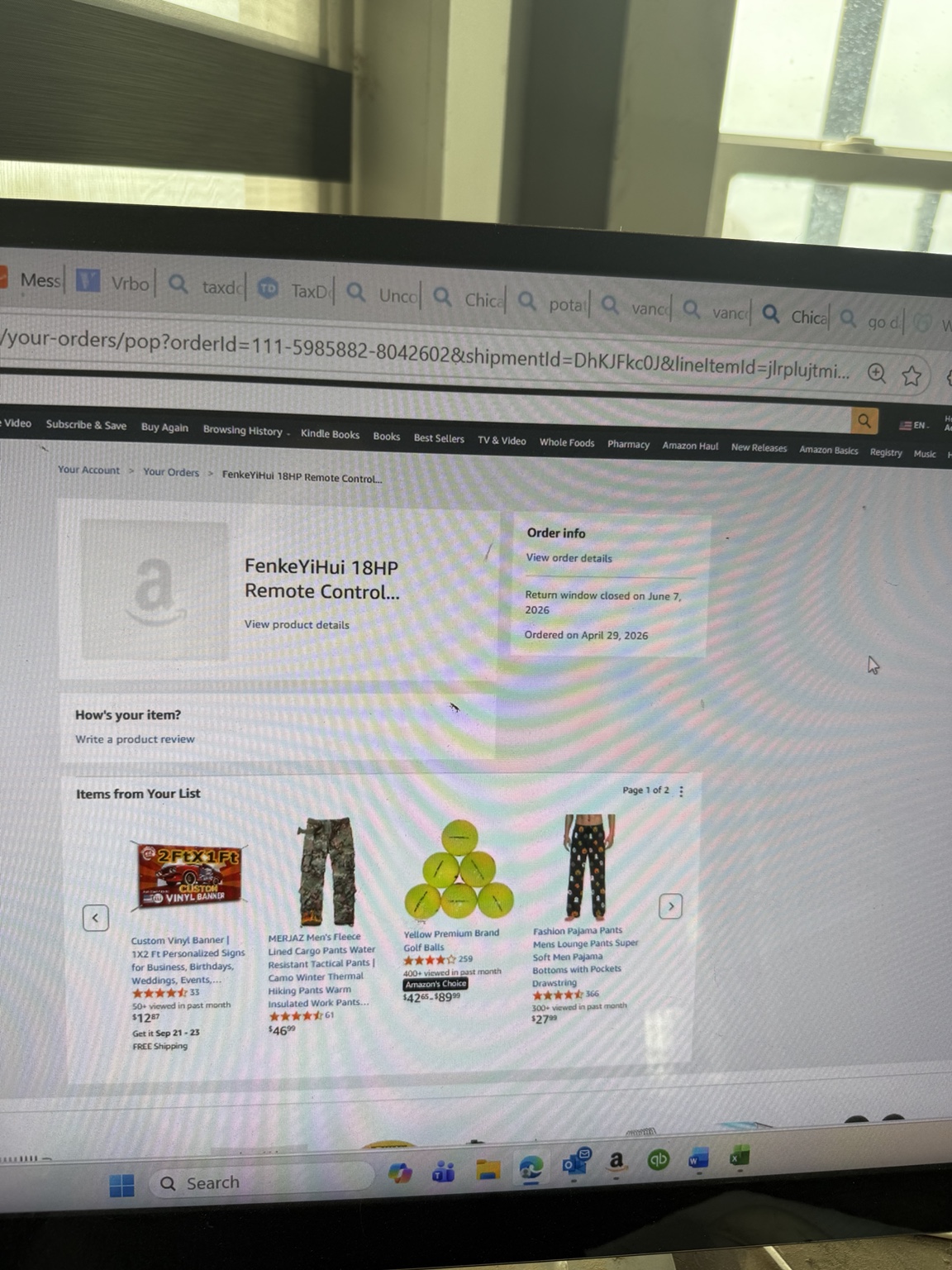 Amazon order-history page identifying the FenkeYiHui mower ordered April 29, 2026, with the product image no longer displayed.
