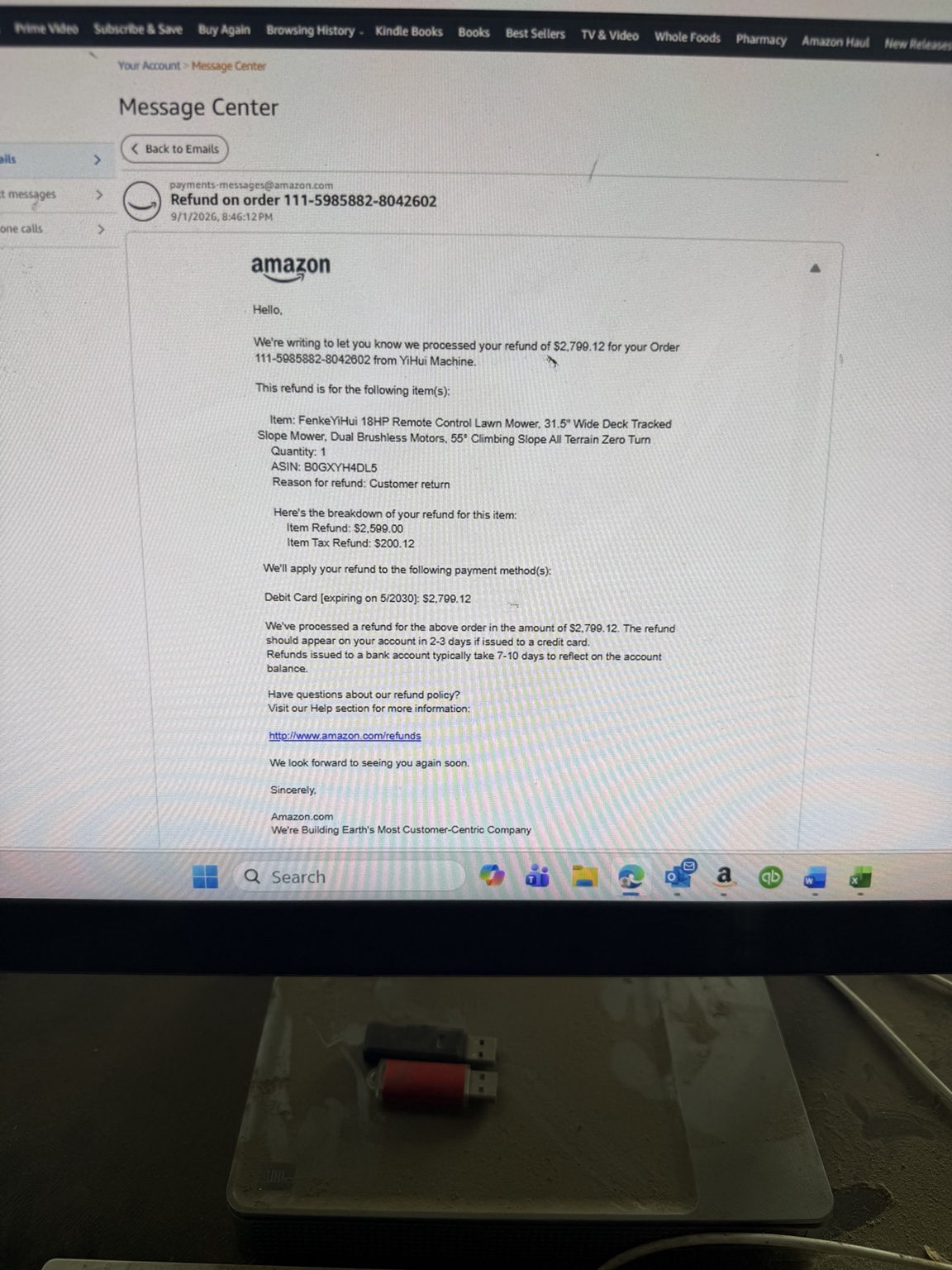 Amazon refund message dated September 1 documenting a full refund of 2799 dollars and 12 cents.