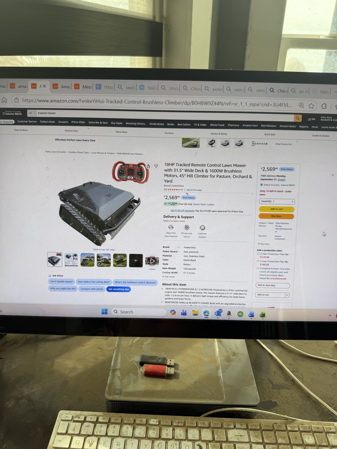 Current FenkeYiHui 18 horsepower mower listing showing a red remote control and ASIN B0HBW9Z44N in the address bar.
