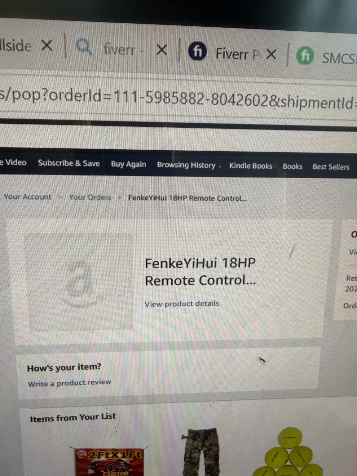 Amazon order record naming the FenkeYiHui 18 horsepower mower while its product image is blank.