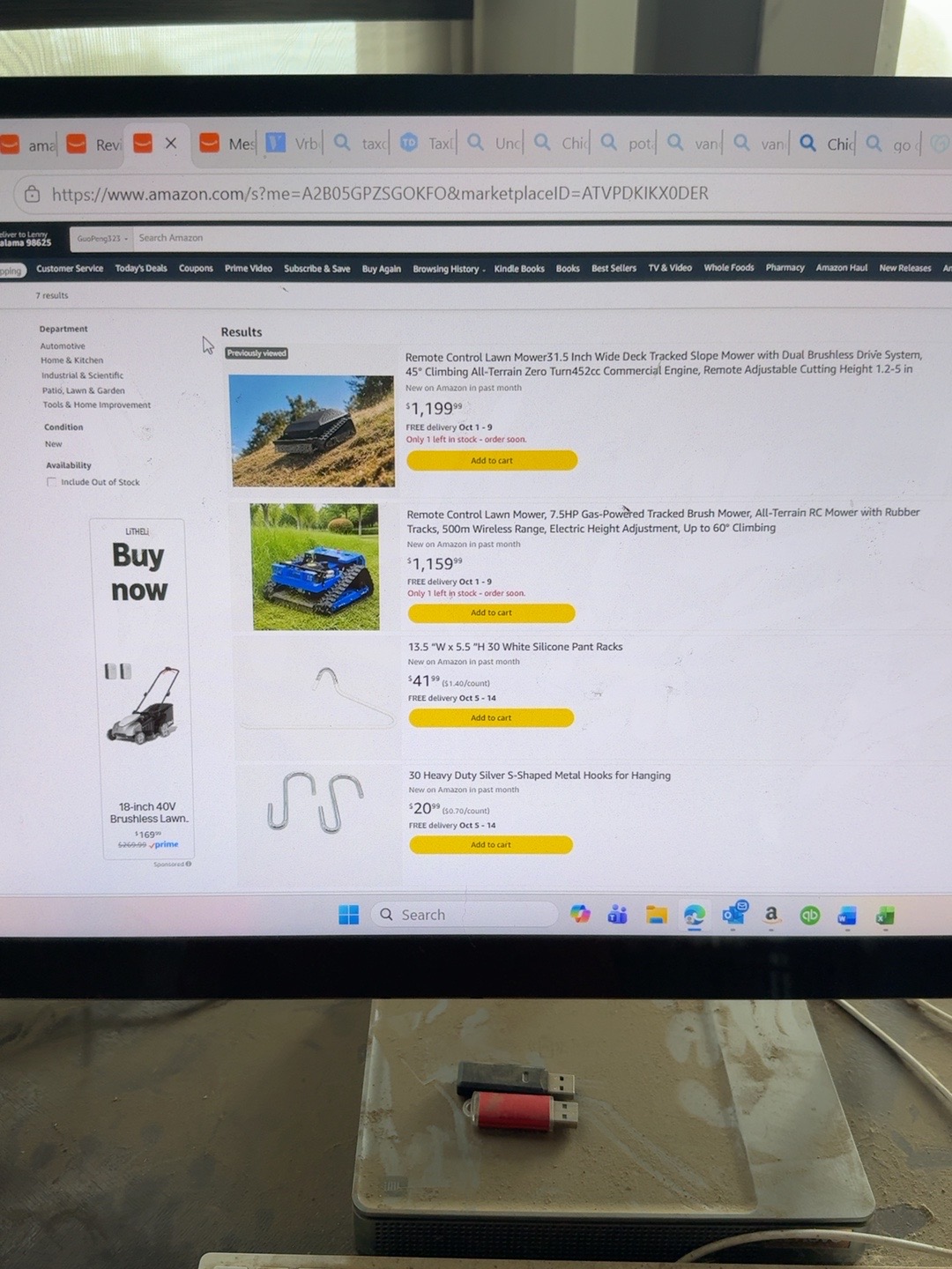 GuoPeng323 Amazon storefront results showing newly listed products including two tracked remote-control mowers.