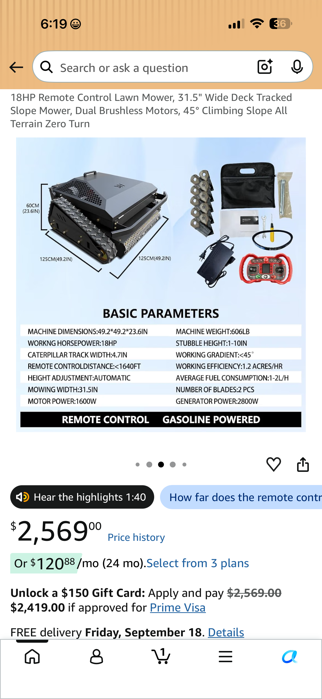 Later Amazon package-contents image showing the red remote and a black booklet with the mower accessories.