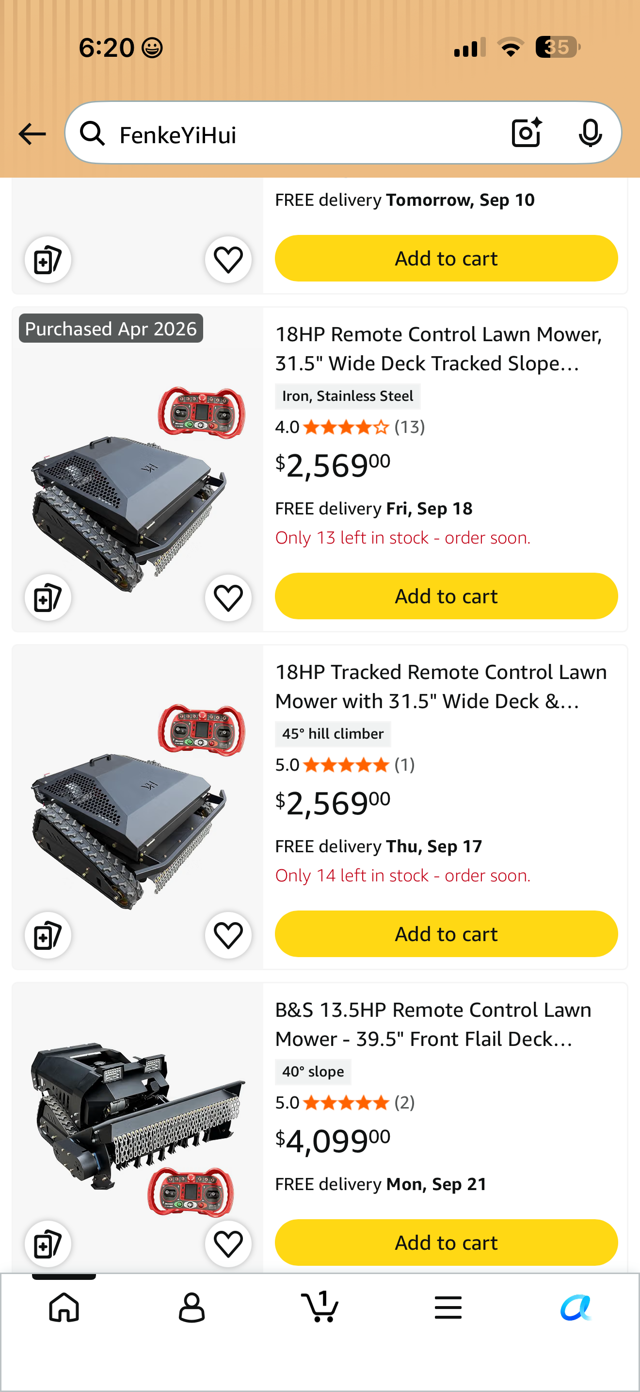 September 9 Amazon search results showing two matching FenkeYiHui mowers with red remote controls, one labeled Purchased April 2026.