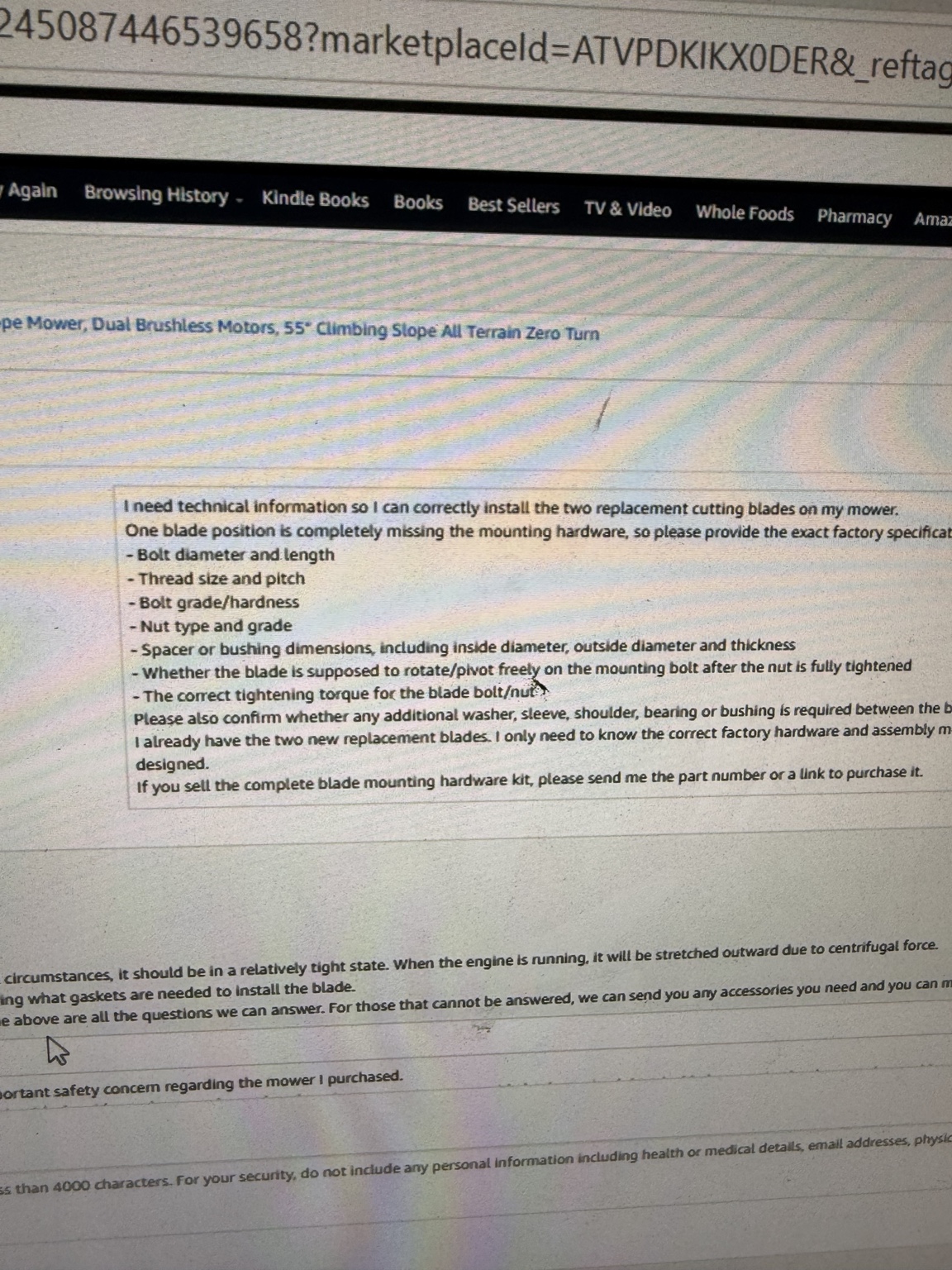 Amazon seller-message screenshot listing detailed questions about blade mounting hardware.