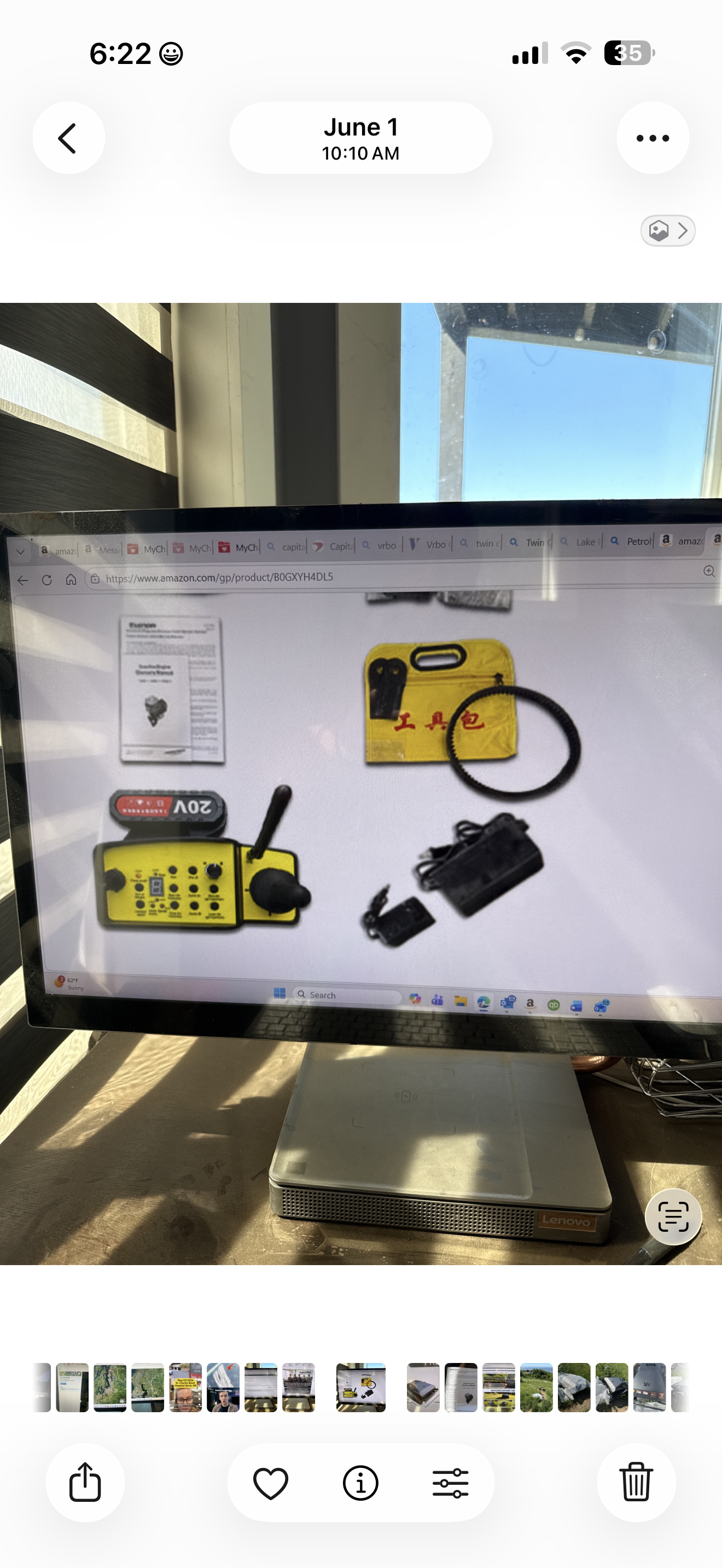 June 1 photograph preserving the purchase-era Amazon accessory image with the yellow remote, battery, chargers, belt and an engine document.