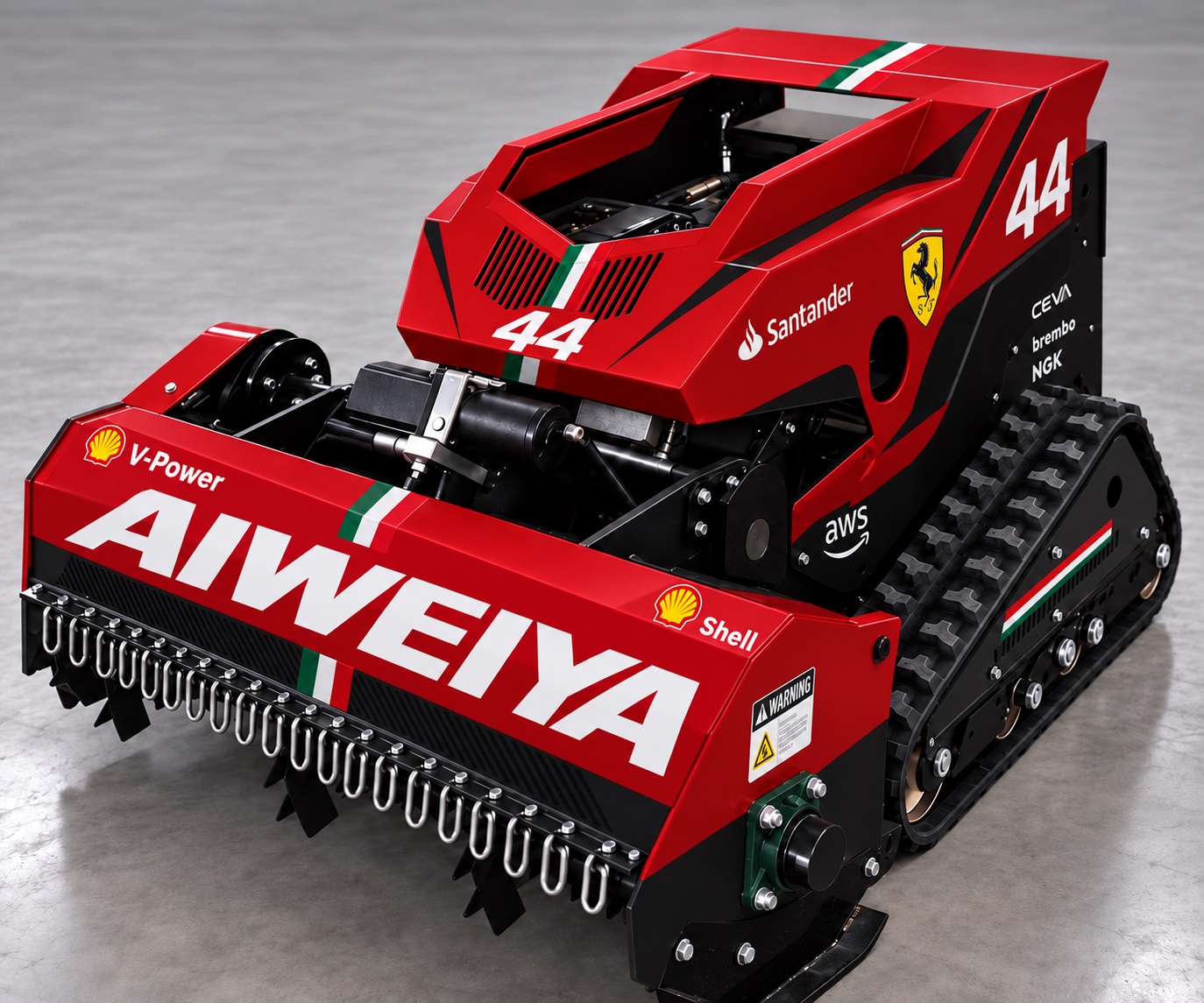 Red Ferrari-style AI concept for the proposed replacement mower; open the new chapter
