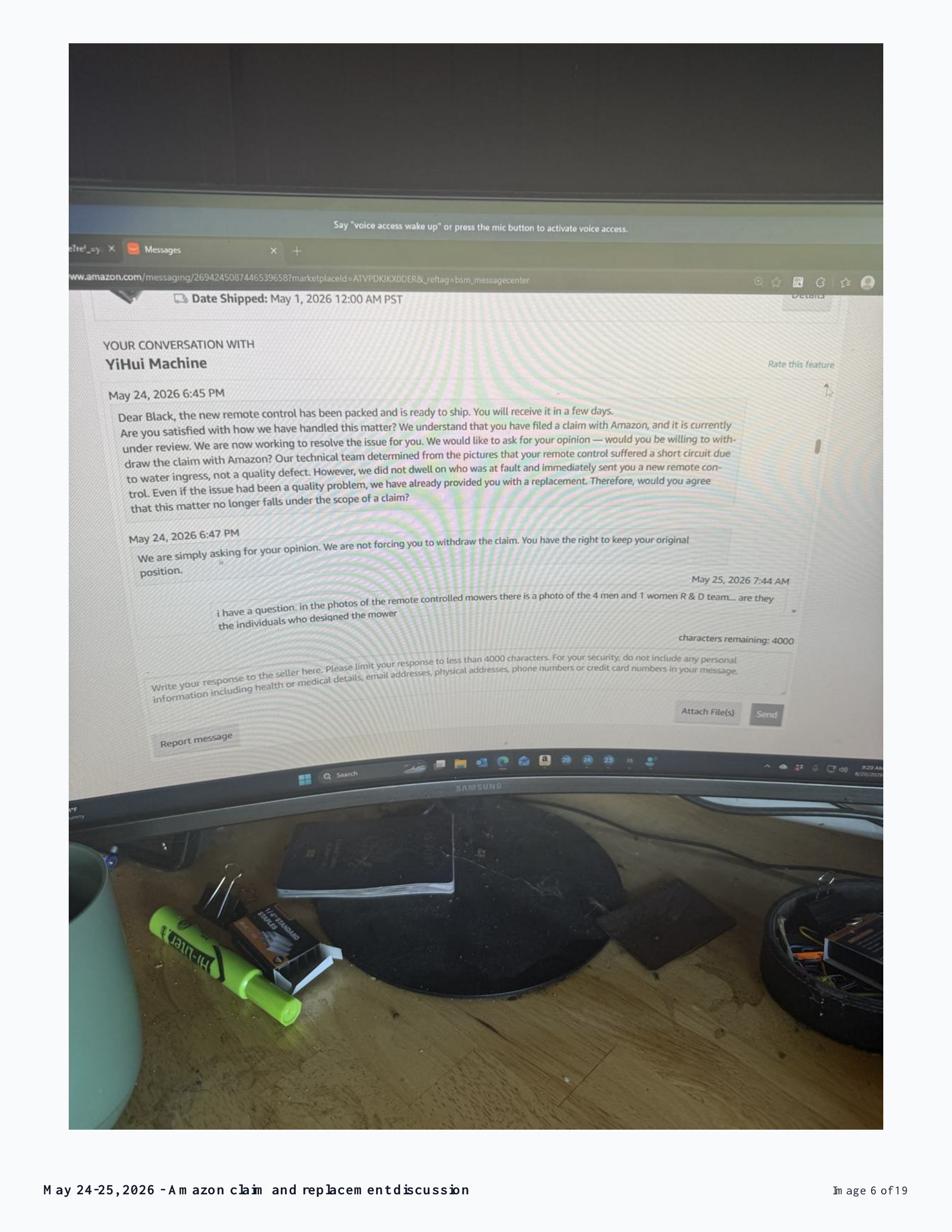 YiHui Machine seller message dated May 24 acknowledging the Amazon claim was under review and asking whether it would be withdrawn.