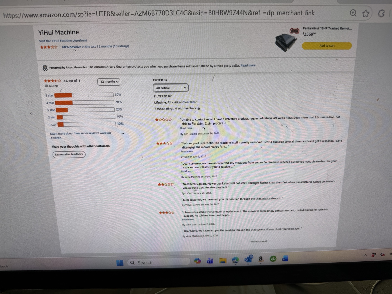 YiHui Machine seller-feedback page showing ten ratings and four critical feedback entries.