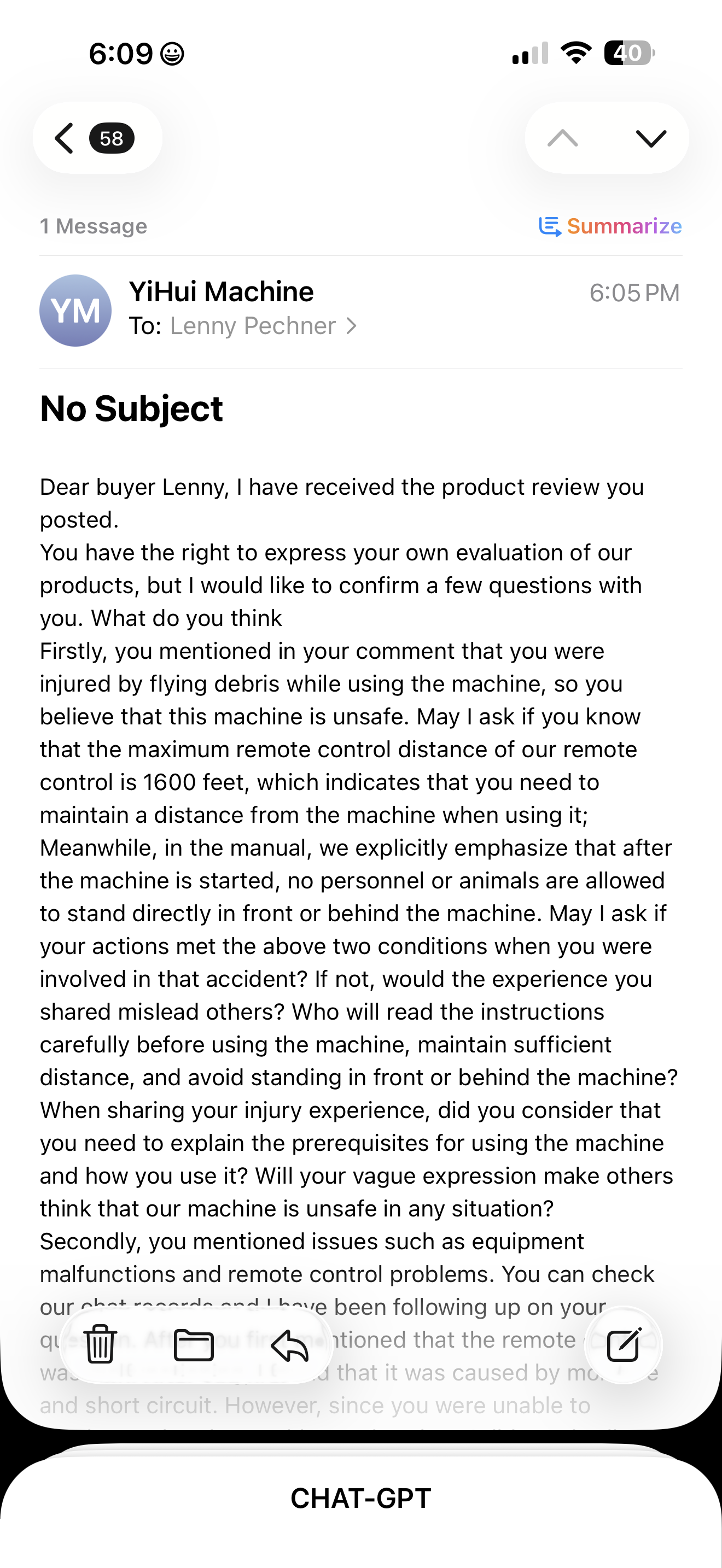 September 9 YiHui email stating that safety directions were explicitly emphasized in the manual.