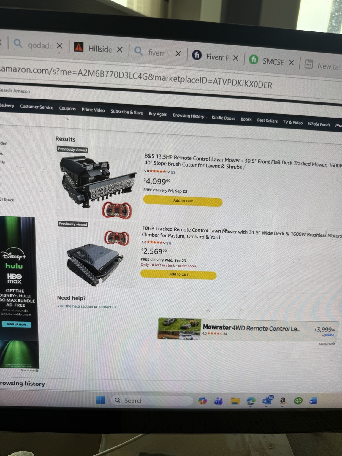 Amazon seller-specific search page showing two YiHui Machine mower products on September 16, 2026.